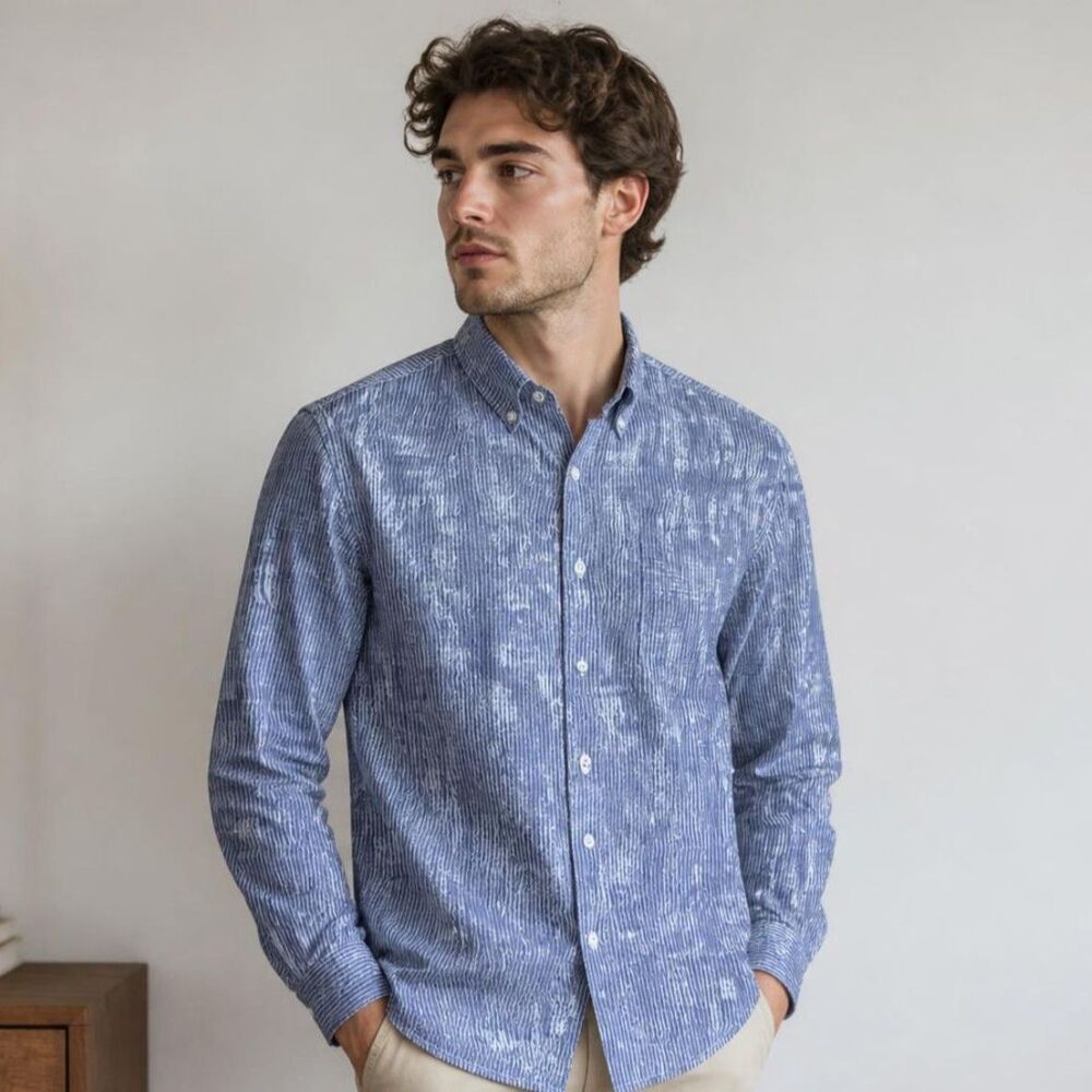 Mens Long Sleeve Button Down Shirt Blue White Abstract Glitch Print Sz L